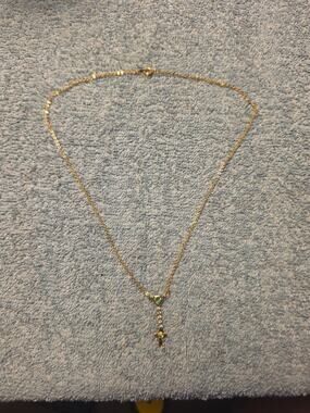 Dainty Gold Cross Y Necklace Heart Green Crystal Stone Rosary Drop Pendant 18"